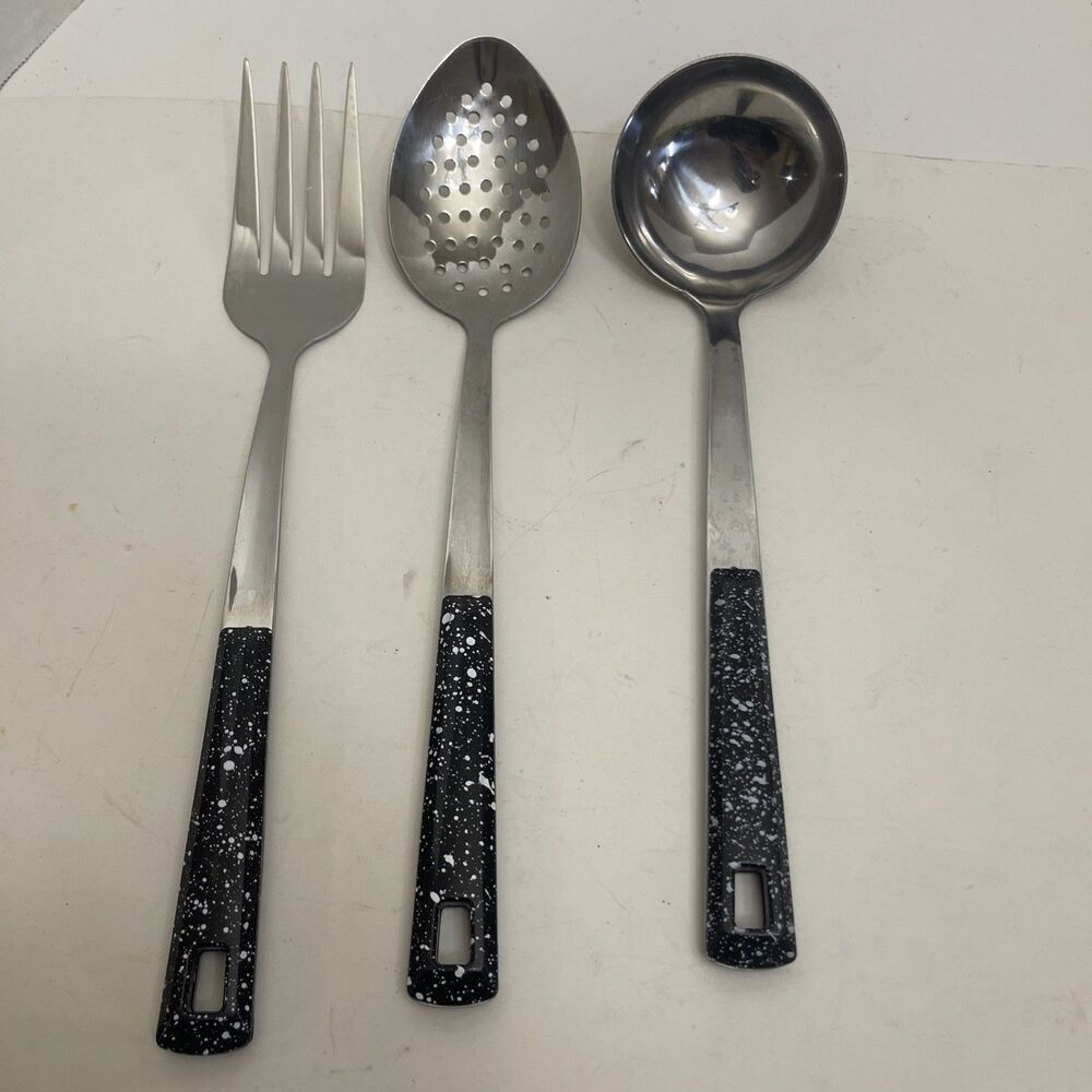 Stainless Steel Kitchen Utensil Set Black Speckled Handles